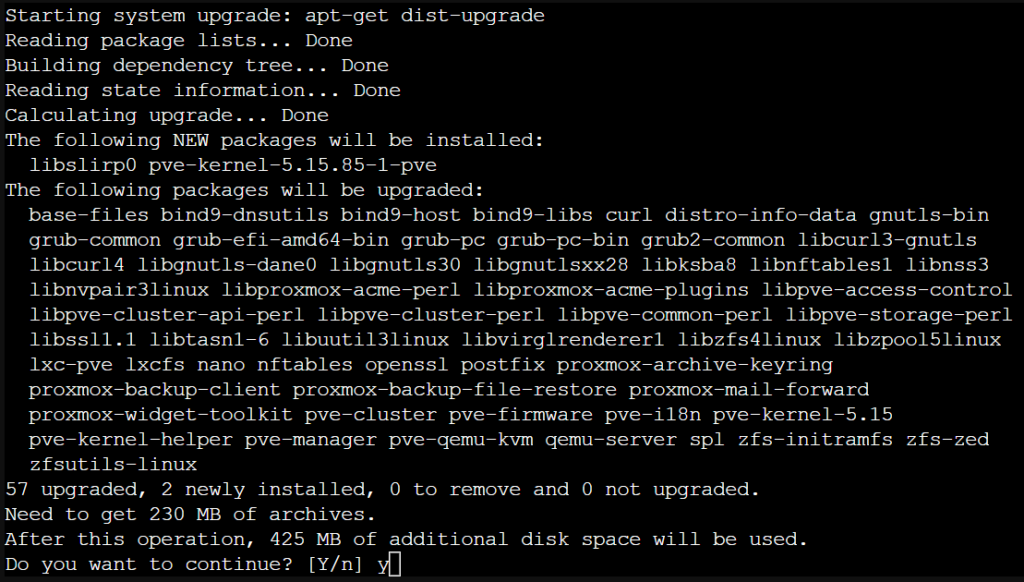 running the update process in proxmox ve.