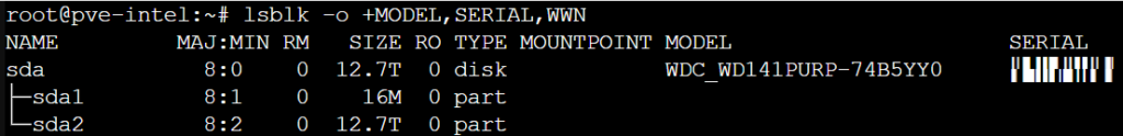 command results showing disk name, model and serial. how to passthrough a disk in Proxmox