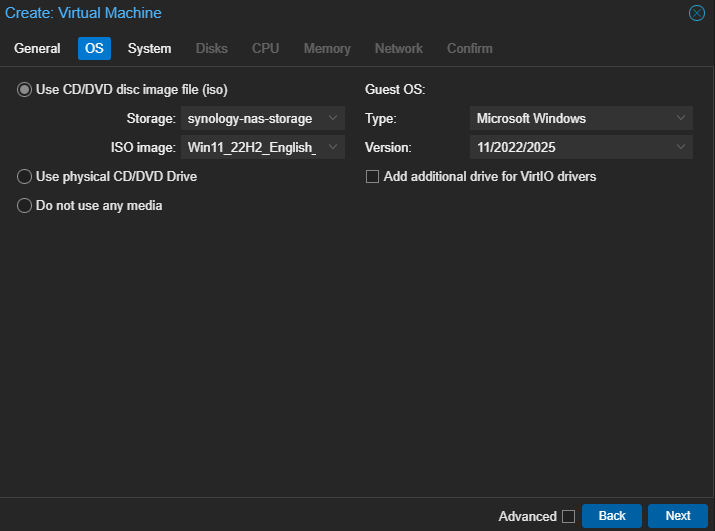 setting up the OS for windows 11 in proxmox.