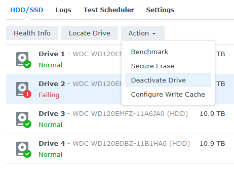 deactivating a drive on a synology nas.