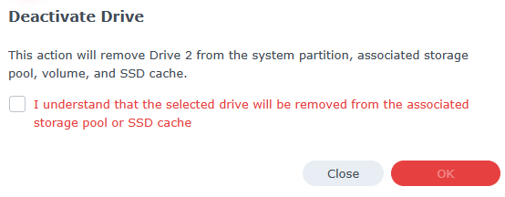 confirming you want the drive to be deactivated on a synology nas.