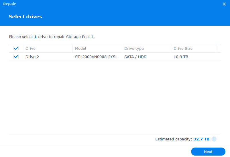 selecting a newly added hard drive to repair a storage pool.