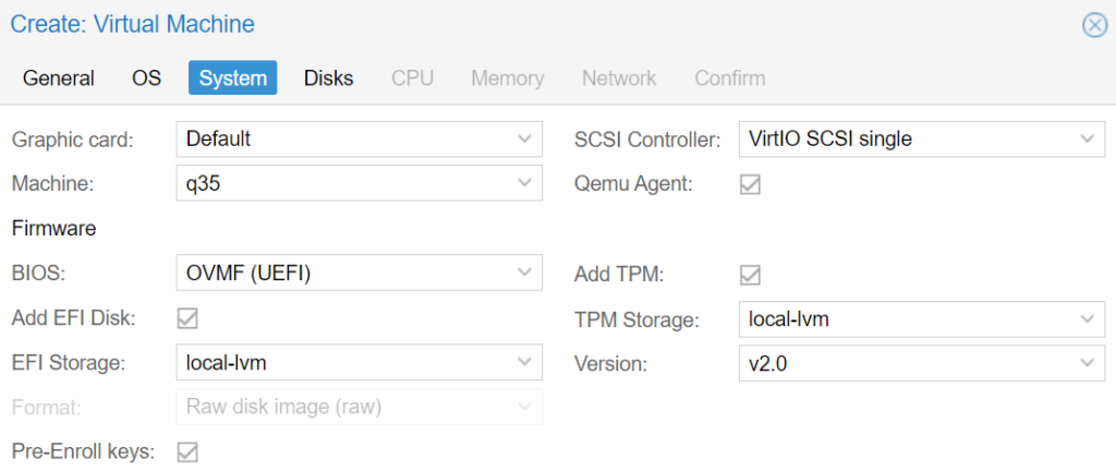 setting up the system settings in proxmox.