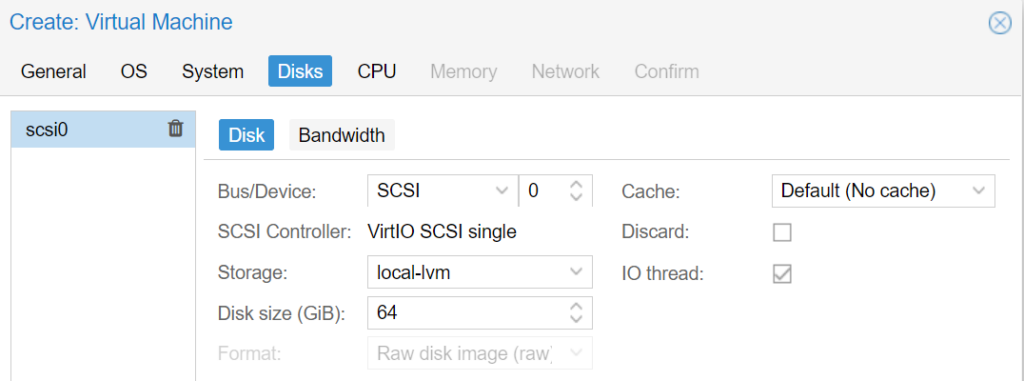 setting up the disk in proxmox.