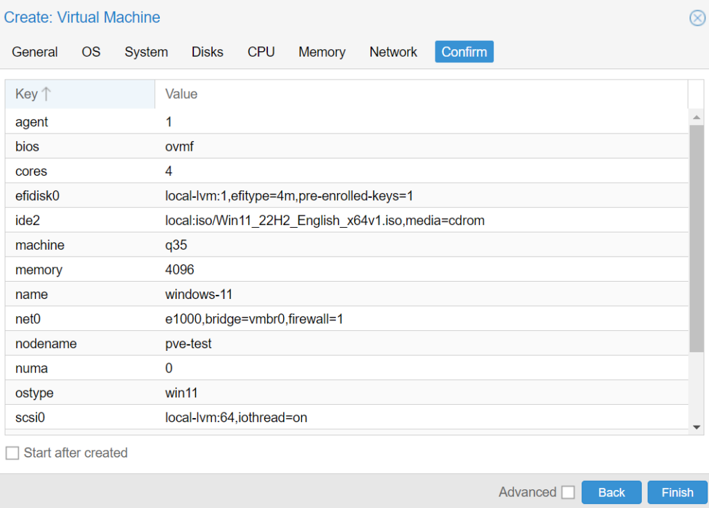 confirming the vm settings in proxmox. how to install windows 11 on proxmox.