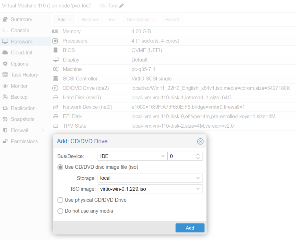 How to Install Windows 11 on Proxmox 8 adding the CD/DVD Drive.
