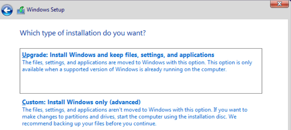 windows setup upgrade or custom.