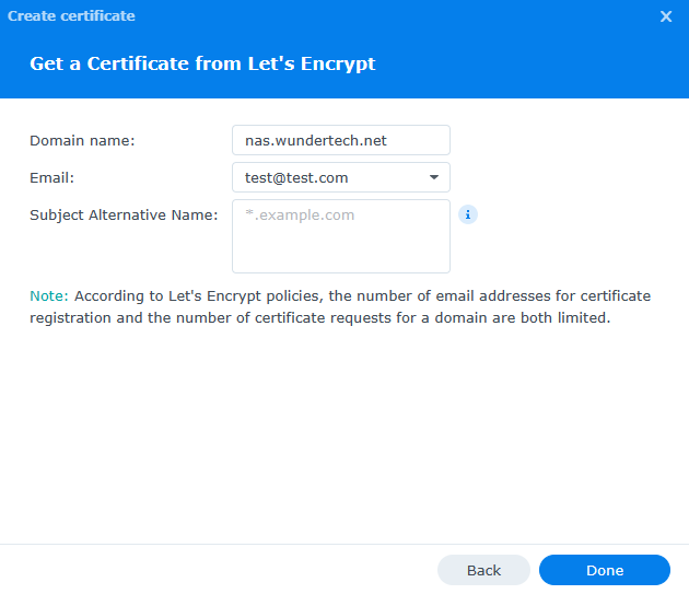 certificate name and email.