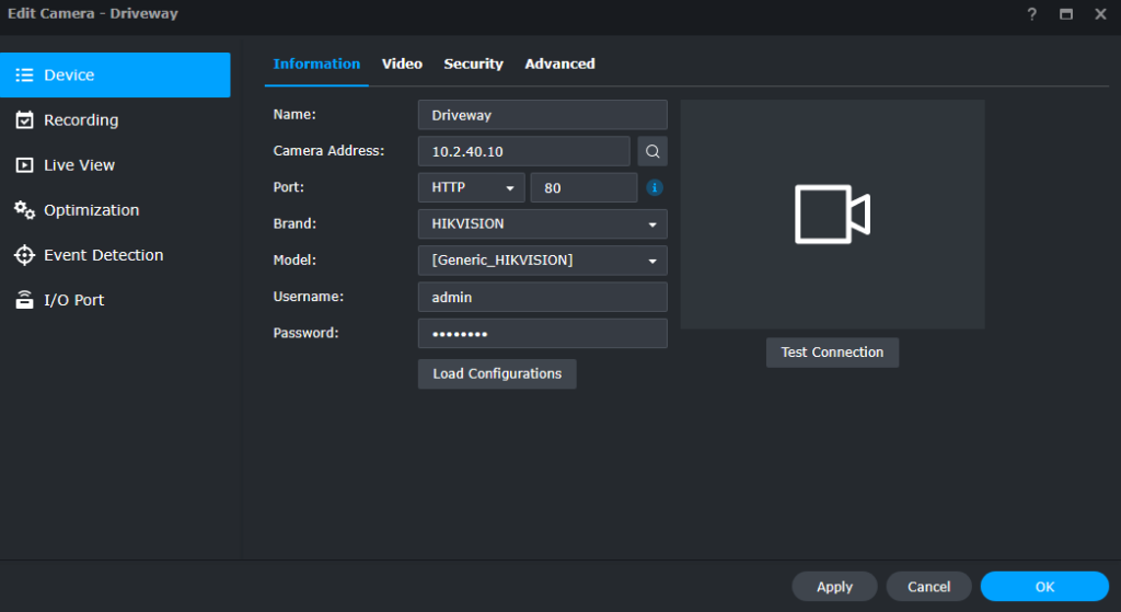 IP Camera settings.