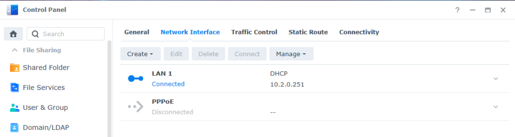 network interface section in synology dsm.