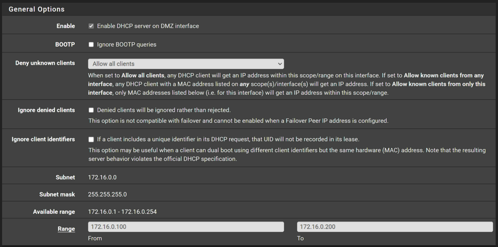DHCP settings for DMZ network.