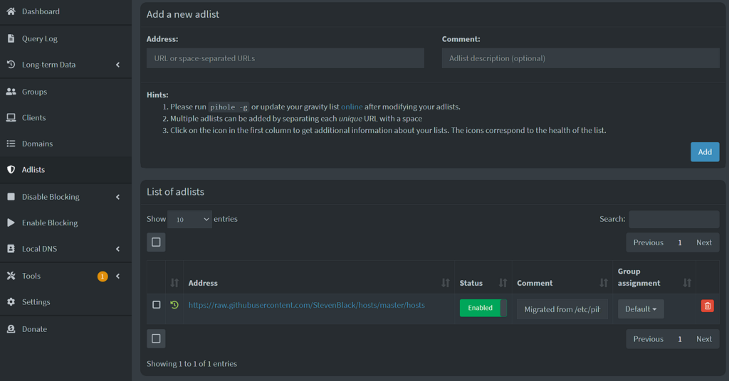 adlists in pihole.