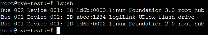 running the lsusb command in proxmox. how to pass through USB devices in Proxmox.