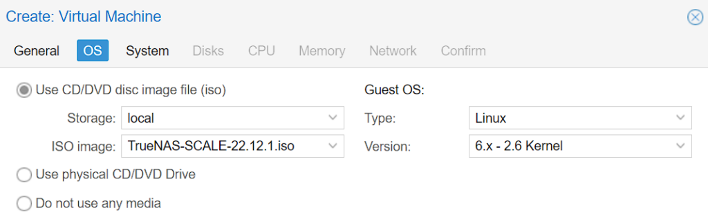 os selection in proxmox vm.