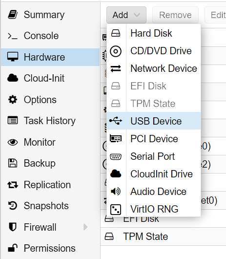 proxmox gui adding a usb.