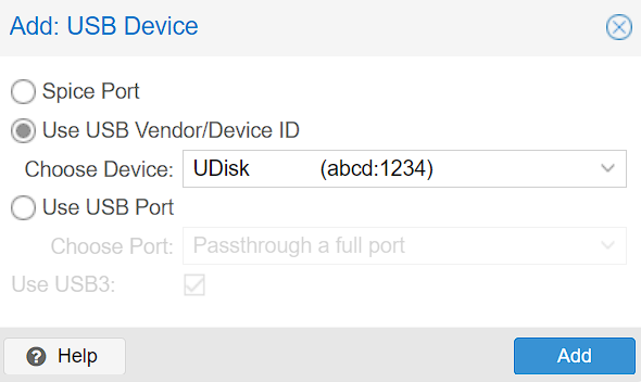 selecting the USB ID in the Proxmox GUI.