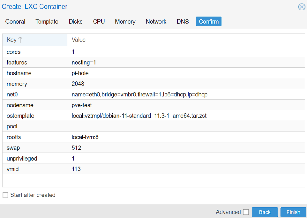 lxc container confirmation settings.