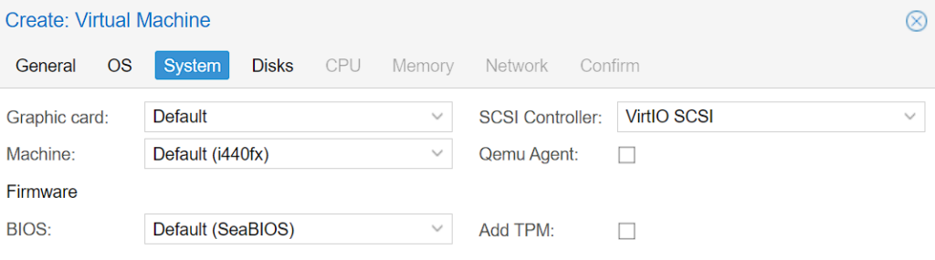 system setup in proxmox vm.