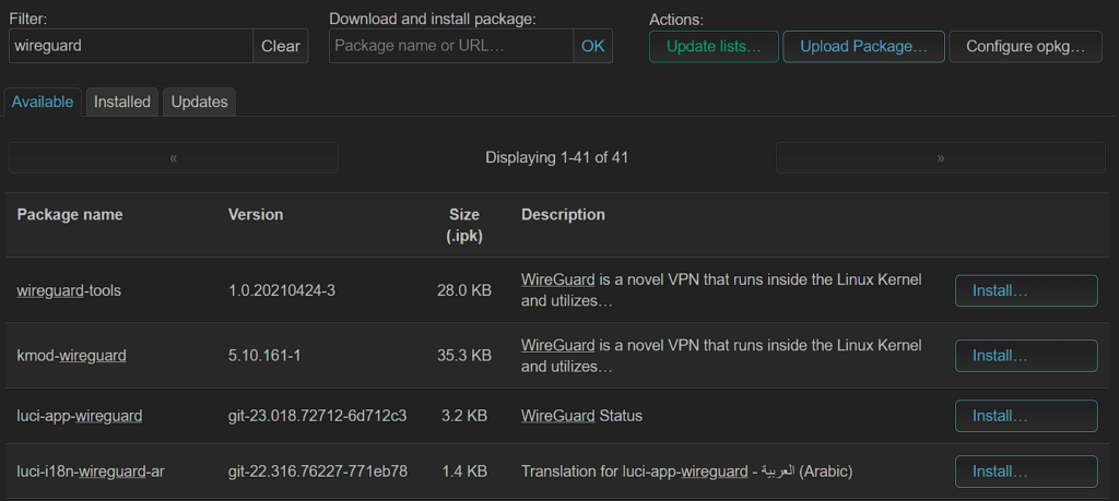 openwrt wireguard packages.