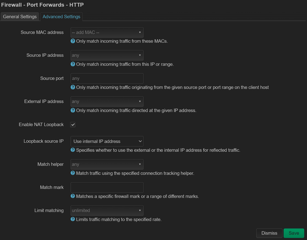 advanced settings in port forwarding section.