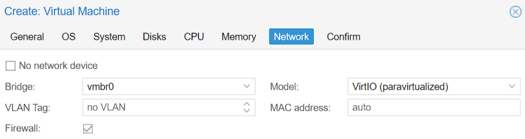 network section in proxmox vm.