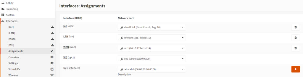 adding the interface in opnsense.