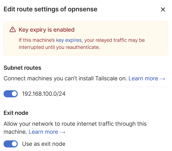 subnet/exit node settings in tailscale.