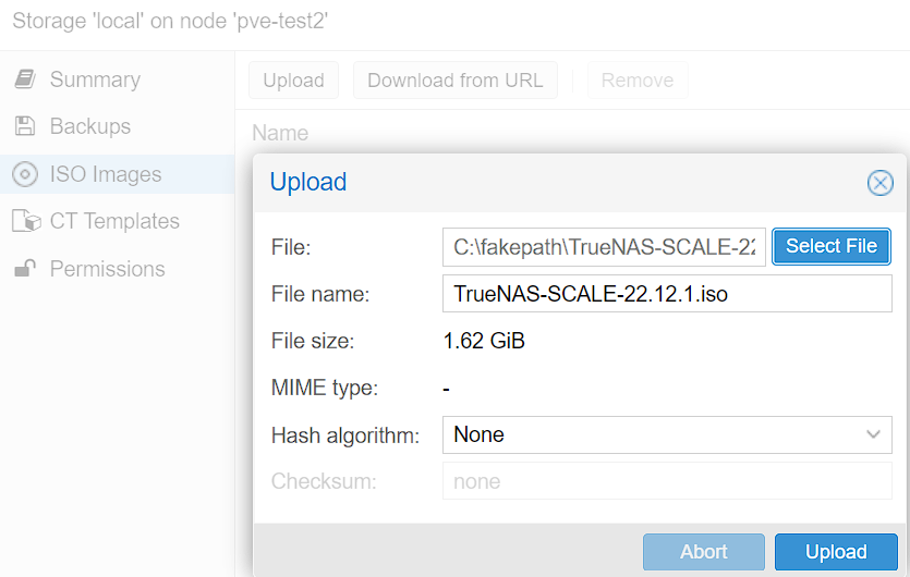 uploading truenas iso. how to install TrueNAS on Proxmox.