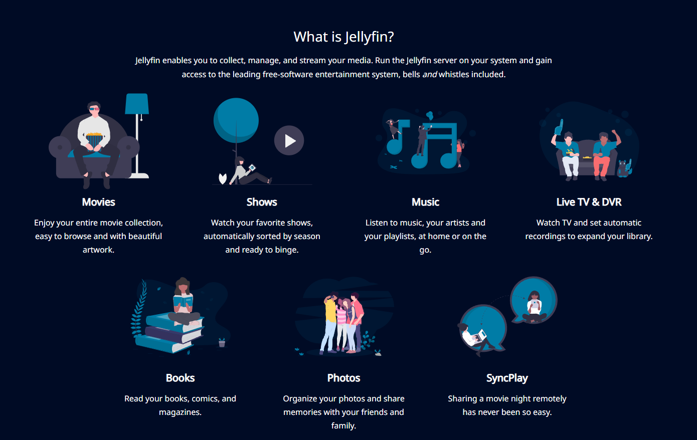 jellyfin features like movies, tv shows, music and live tv & dvr.