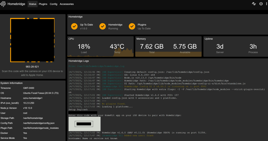 homebridge dashboard. homebridge vs. home assistant.