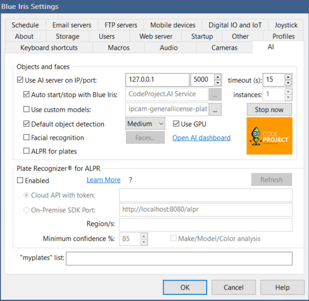 Blue Iris AI settings.