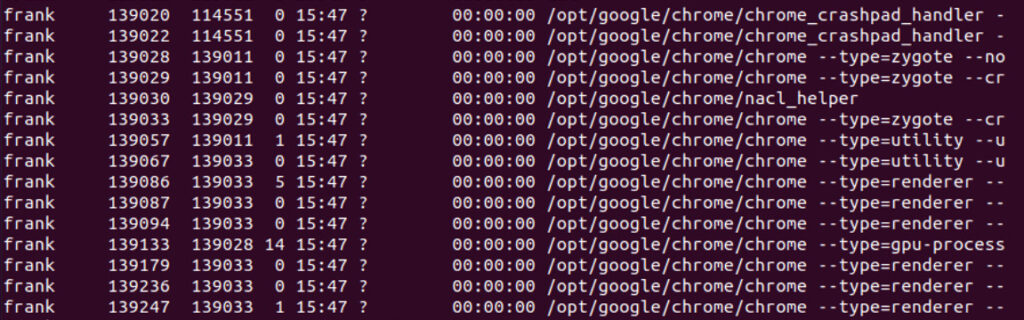 displaying all chrome processes running.