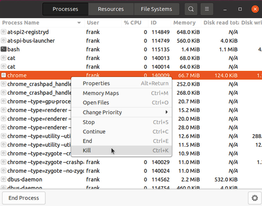 displaying the processes running in ubuntu GUI.