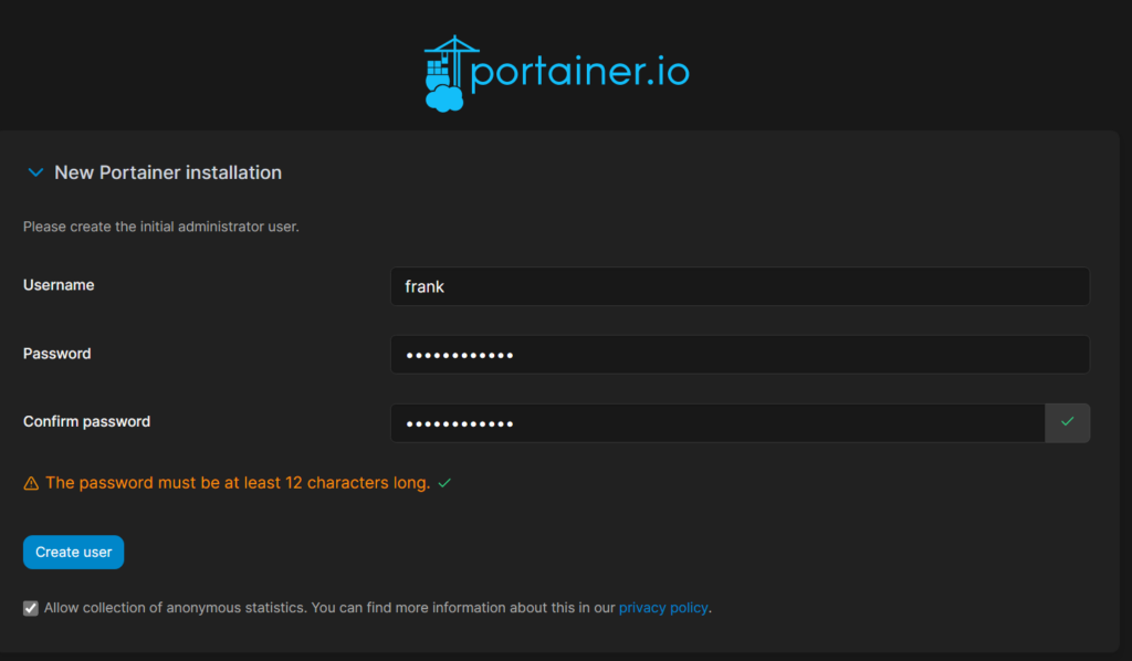 creating a portainer user.