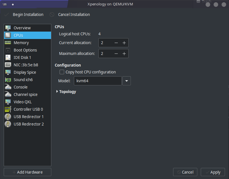 qemu settings for a virtual machine.