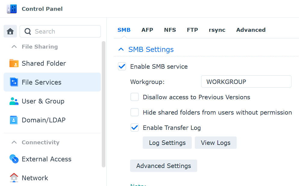 file services and smb in dsm.