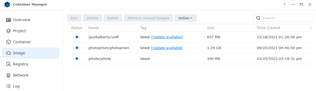 image tab in container manager showing updates available.