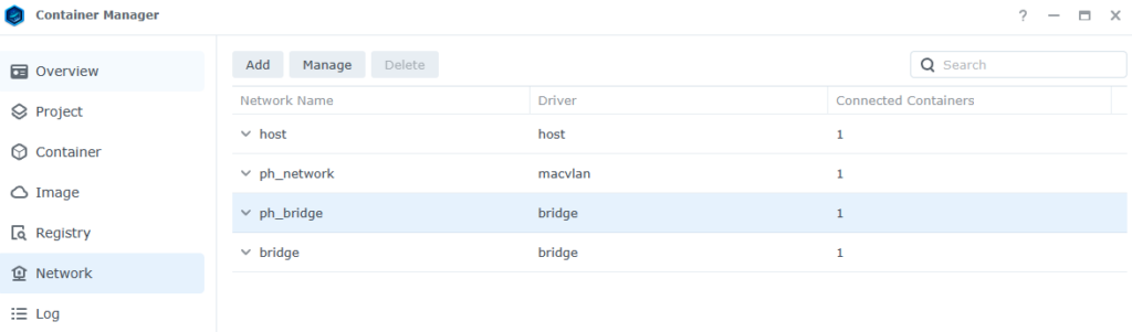 network tab in container manager.