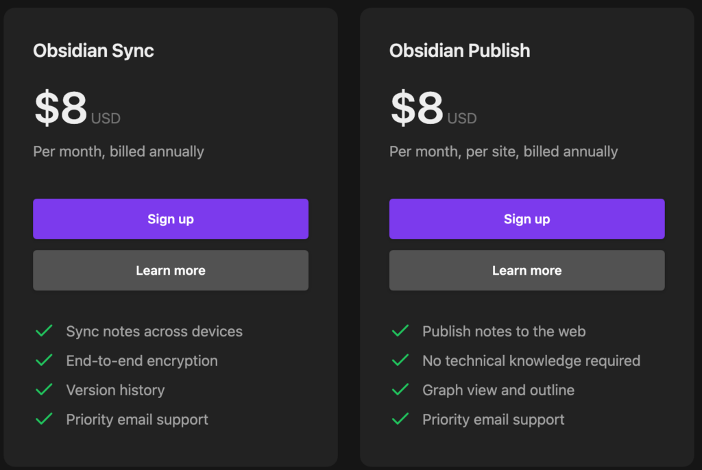 obsidian sync and obsidian publish.