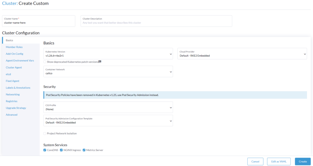 cluster settings and configuration.