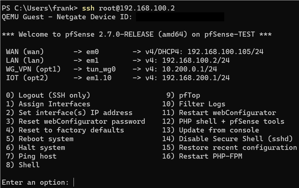 ssh into pfSense using the public key.