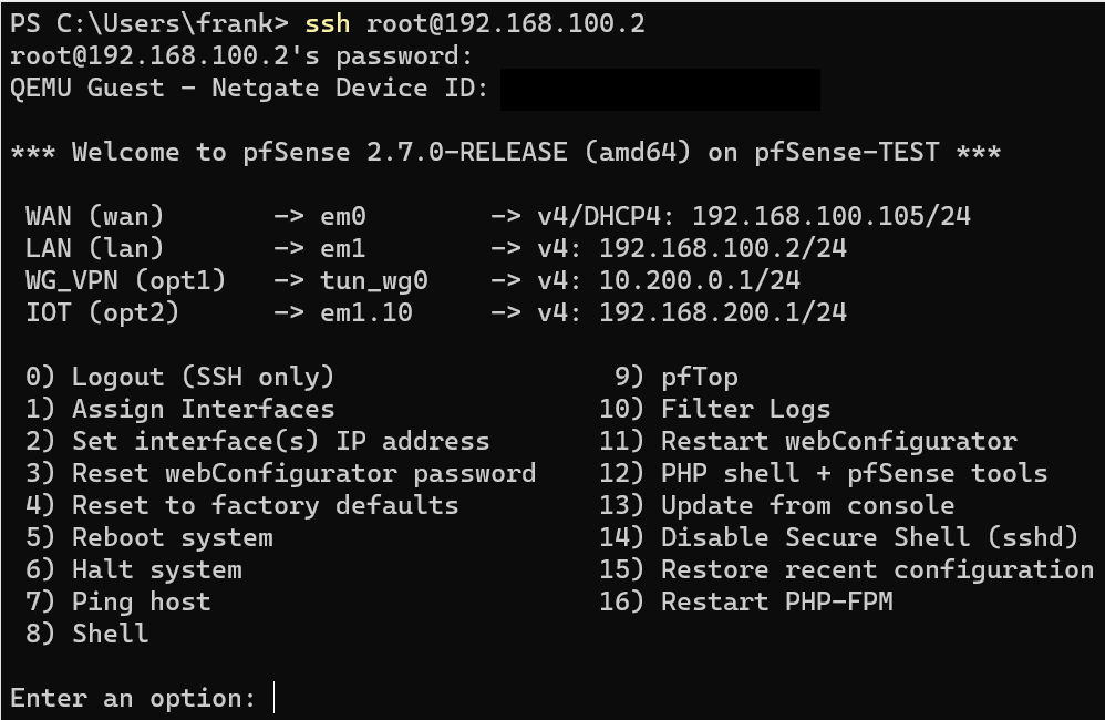ssh into pfsense using the public key and password.