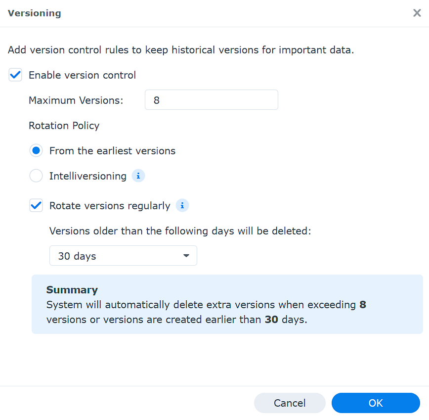 how to configure versions in synology drive 