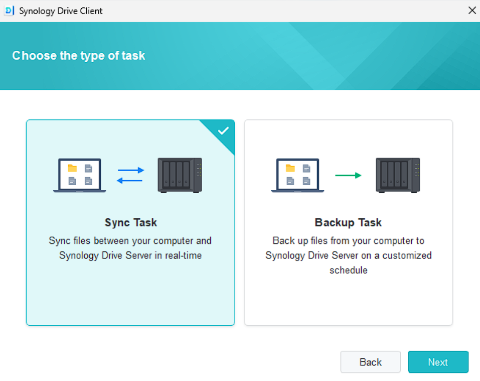 setting up either a sync task or backup task