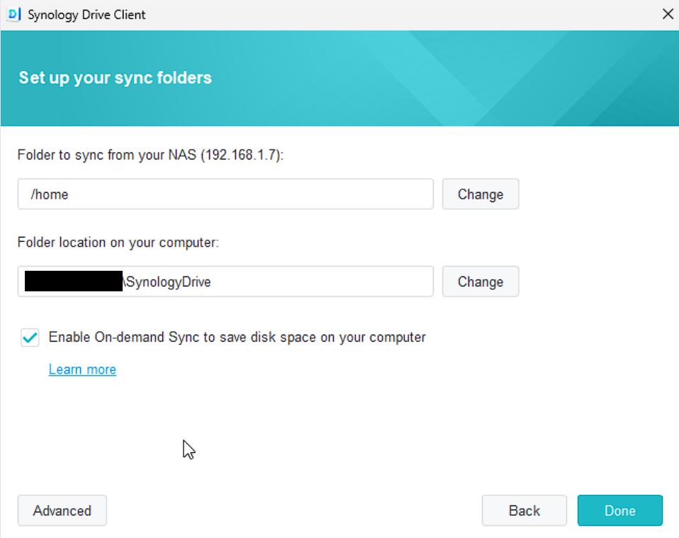 Synology Drive sync settings for the client.