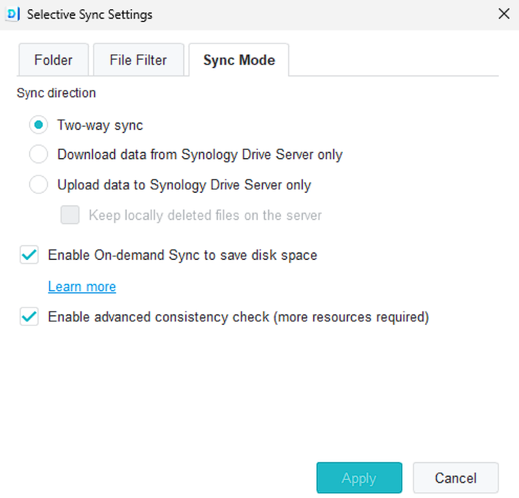 the sync mode used. two way or one way. two-way syncs in both directions and one either downloads or uploads data only.