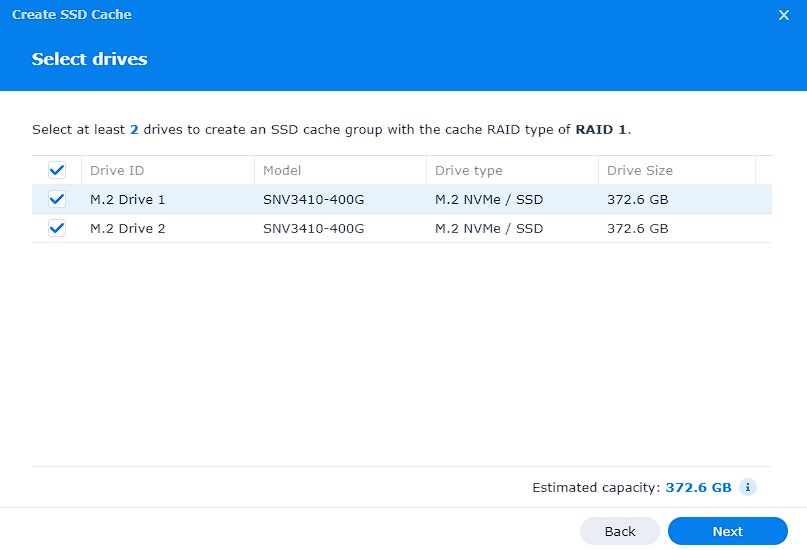 selecting drives for ssd cache on a synology nas.