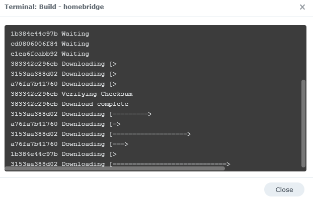 homebridge container downloading and installing.