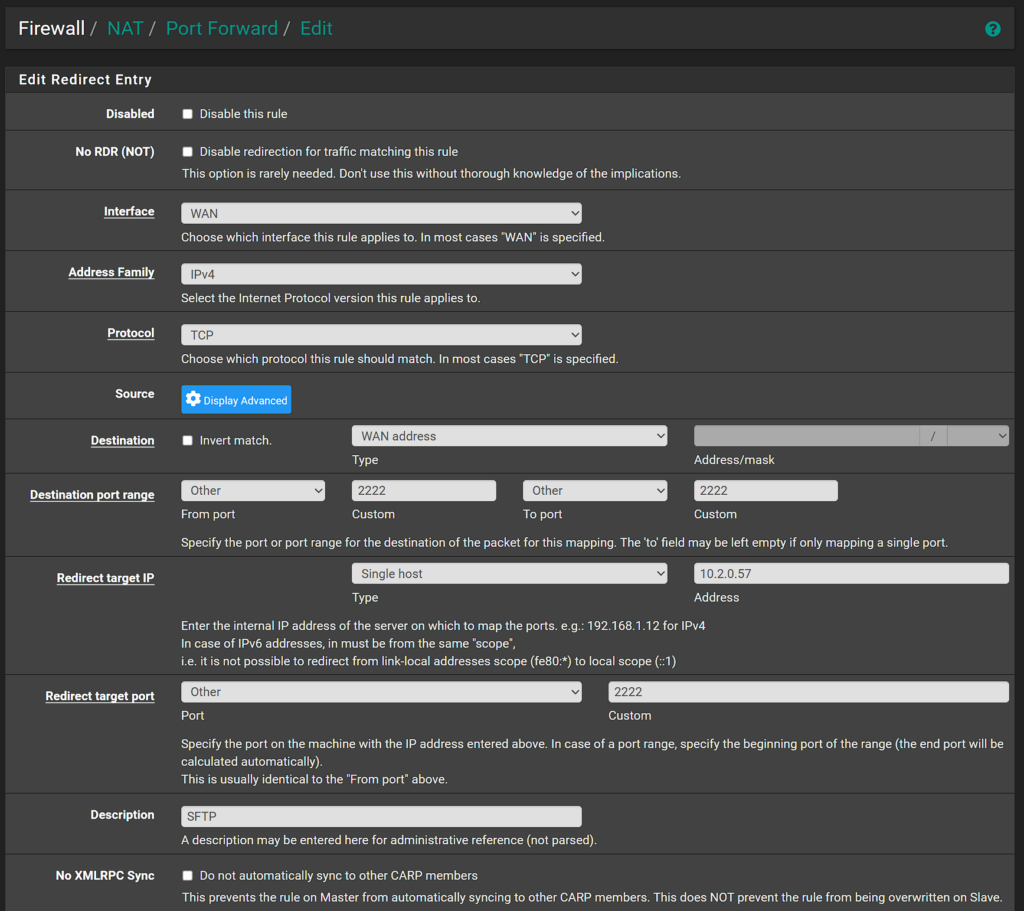 example port forwarding rule.