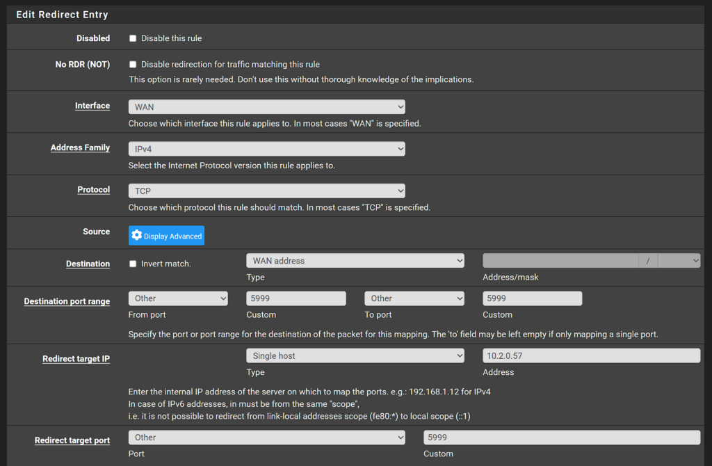 example port forwarding rule.